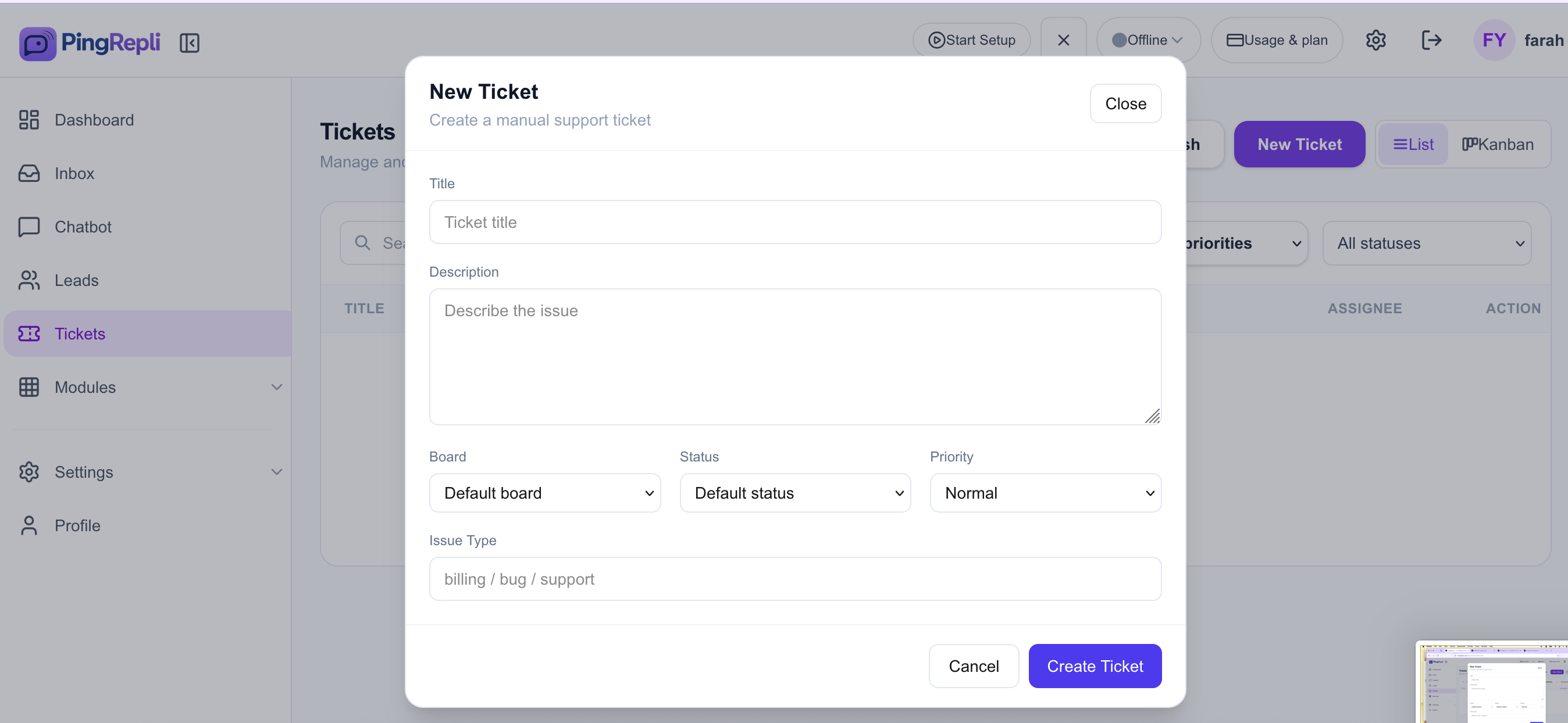 Conversation with create ticket action.