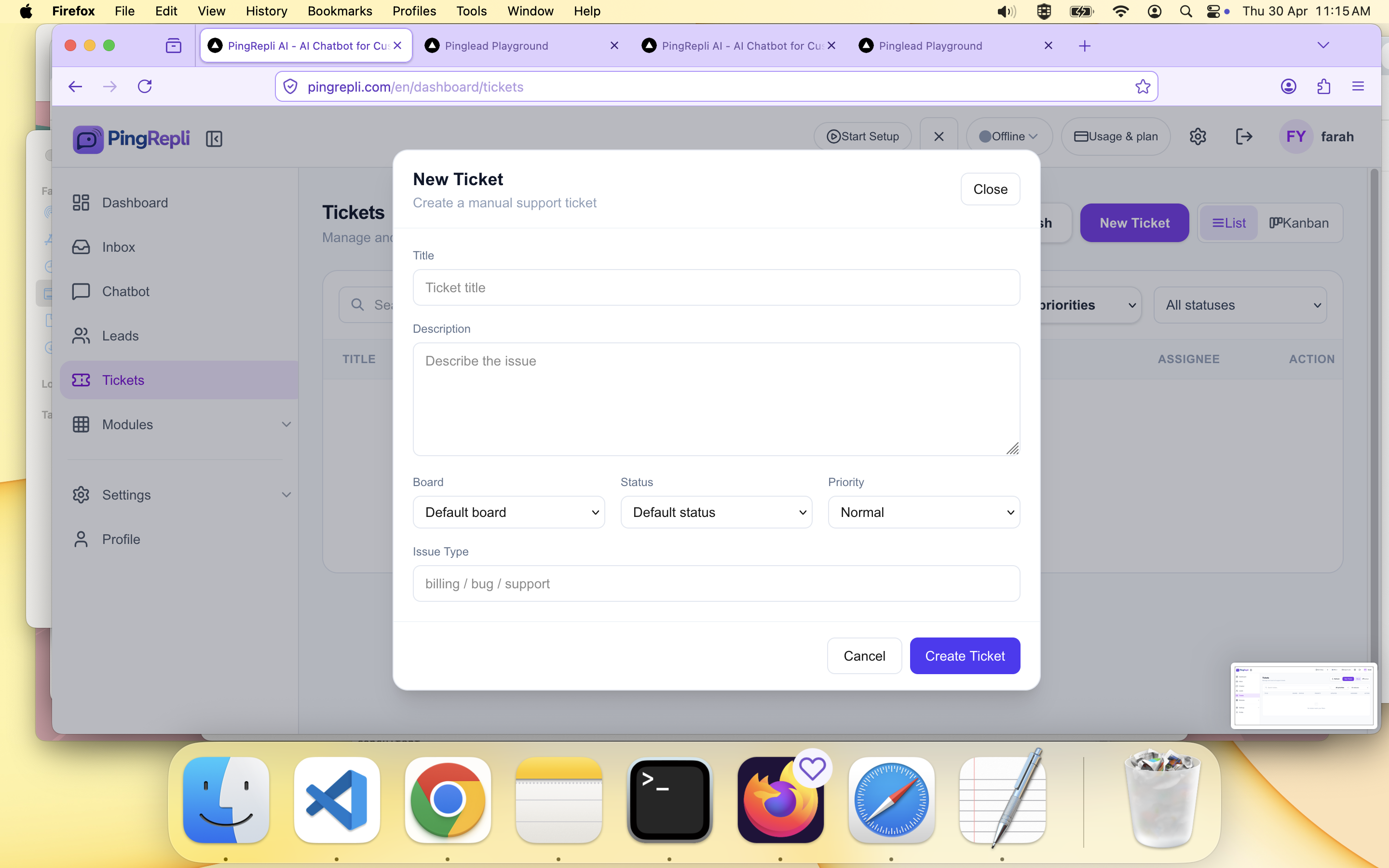 Create ticket panel or modal.